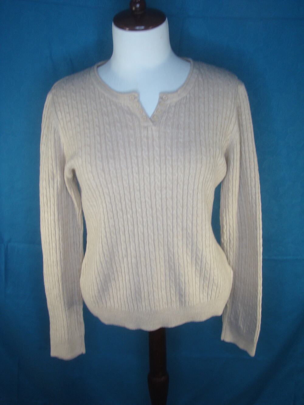 VTG Laura Scott Henley Cable Knit Sweater Women’s XL Classic Preppy Beige Boho